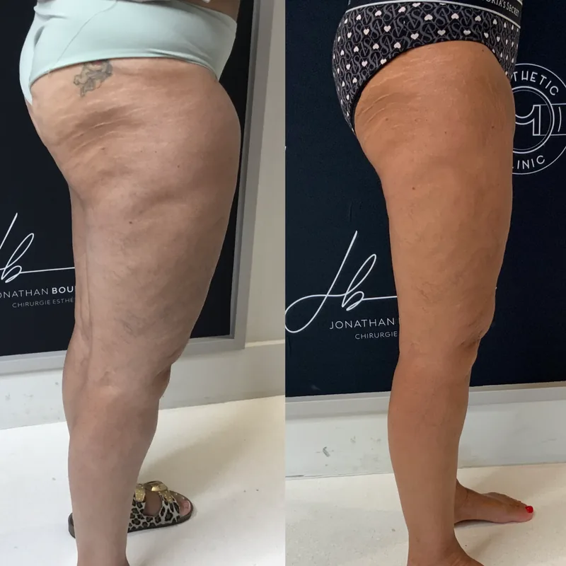 Traitement du lipœdème, cas 5 : cuisse de profil, avant / après